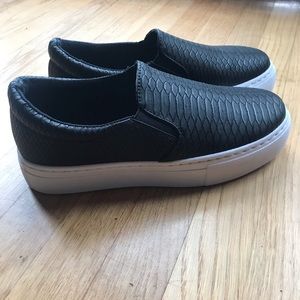 Black snake skin design platform slip ons